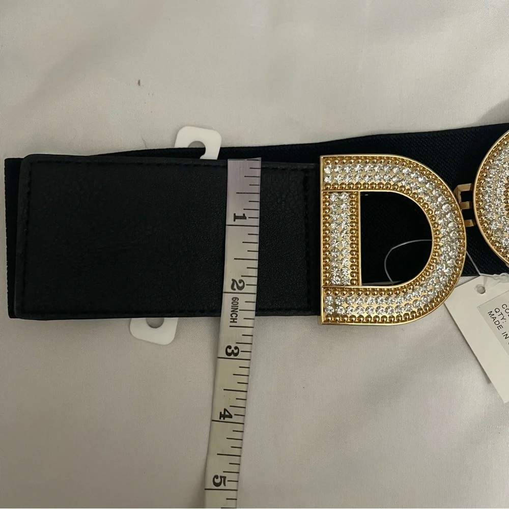 Black PU leather gold tone buckle with rhinestone details elastic waistband belt - Picture 7 of 9